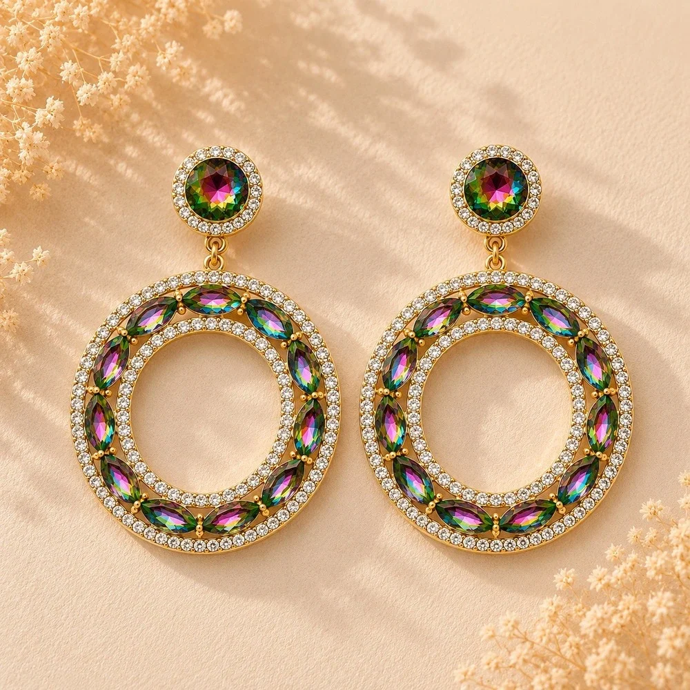 Vintage Y2K‎ Monet Rainbow Crystal Statement Earrings Gold Tone Sample